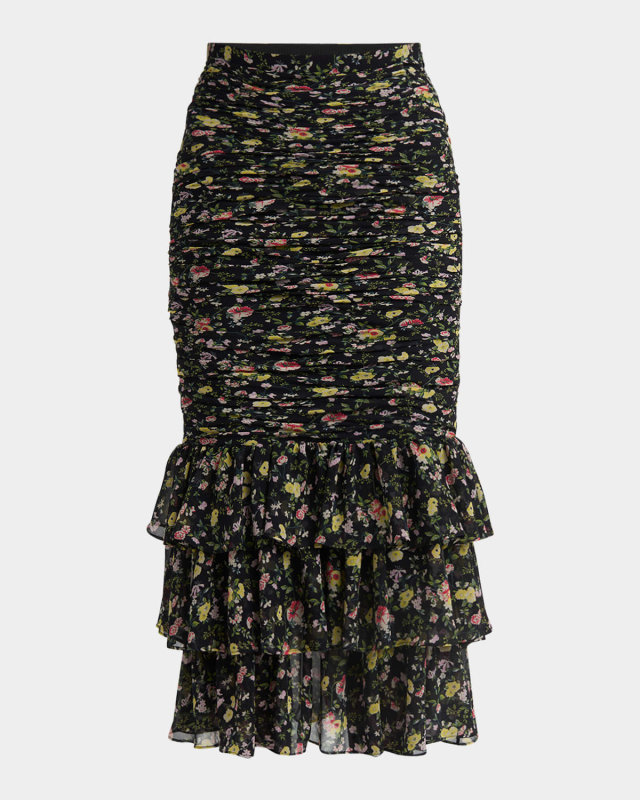 Ruched Flower Print Midi Skirt With Ruffle Hem